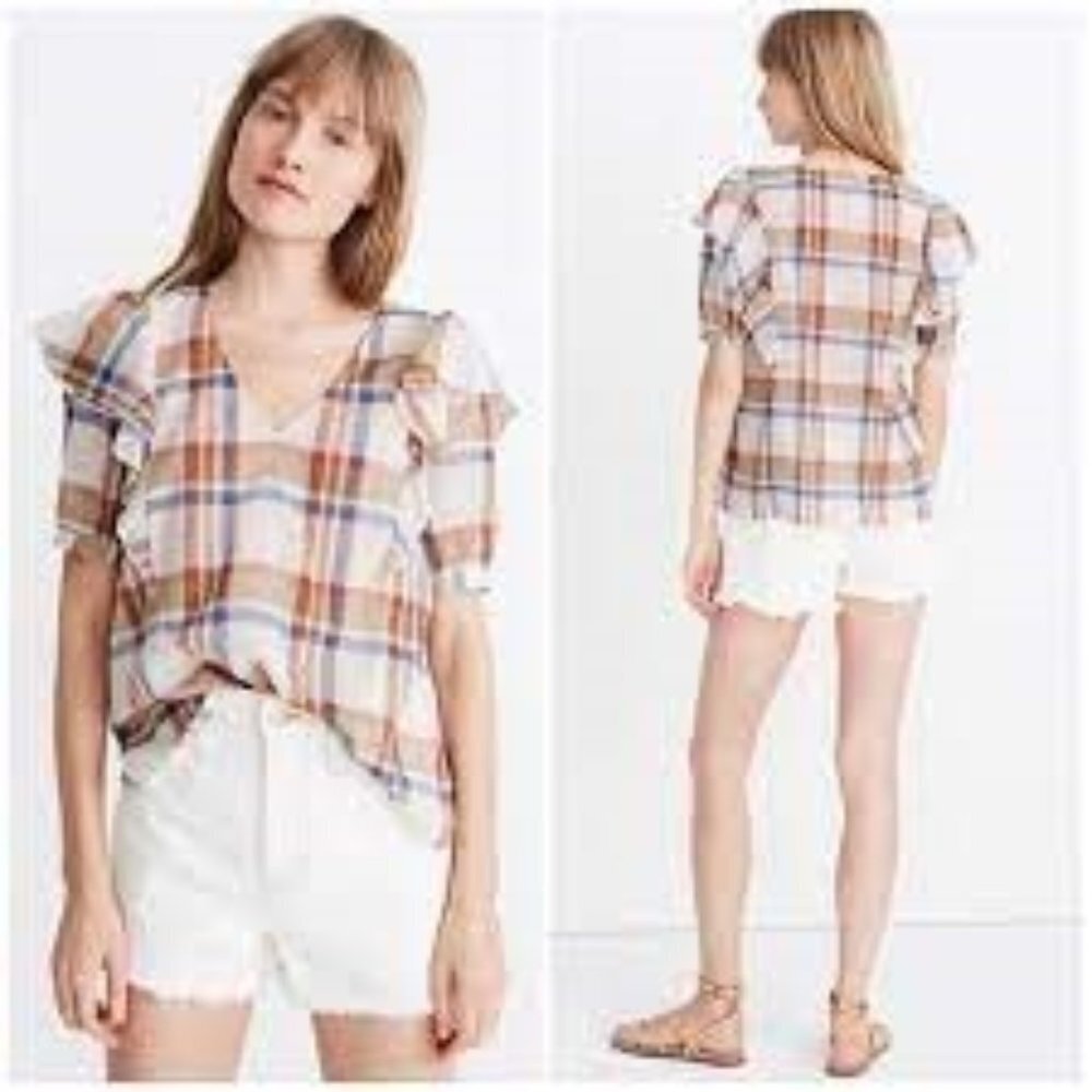 Madewell Plaid Short Sleeve V Neck Lightweight Shoulder Ruffle Top Small